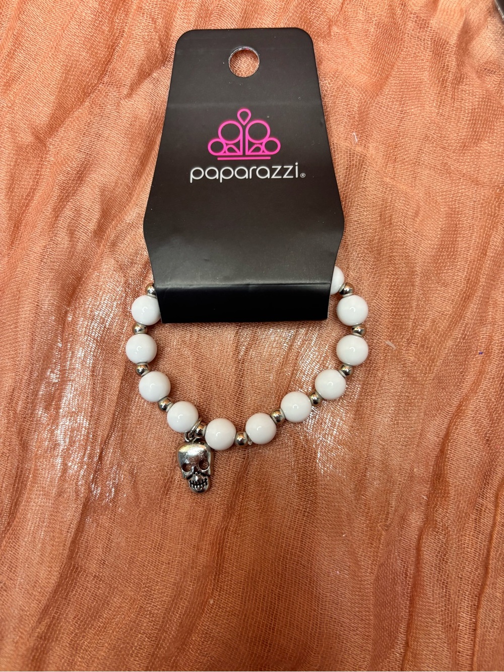 Paparazzi White Beaded Skull Bracelet